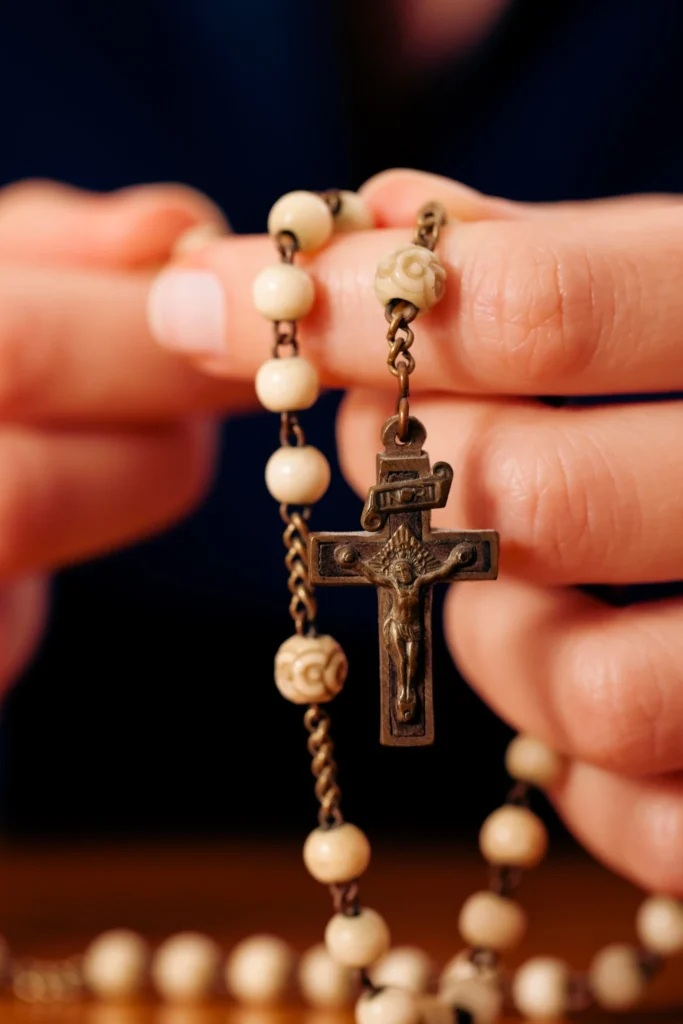 Hands holding a rosary with a metal crucifix during prayer.