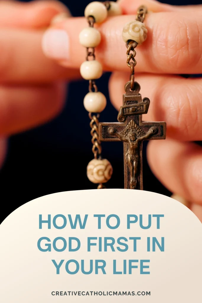 Close-up of hands holding a rosary with a crucifix, representing Catholic devotion and putting God first through prayer.