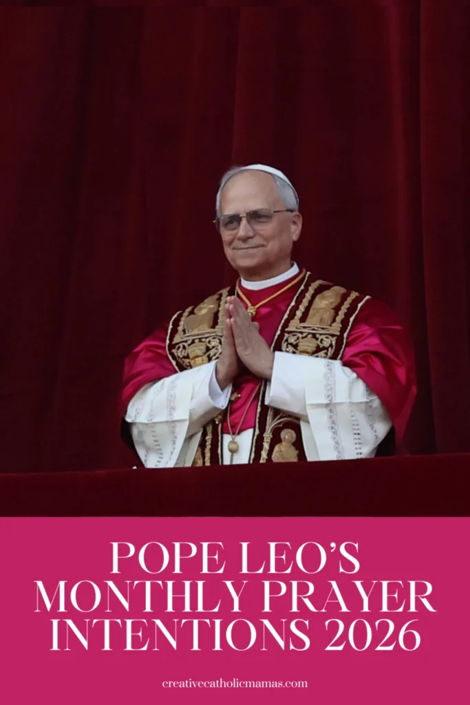 Pope Leo offering prayer with hands folded, promoting the Pope’s monthly prayer intentions for 2026
