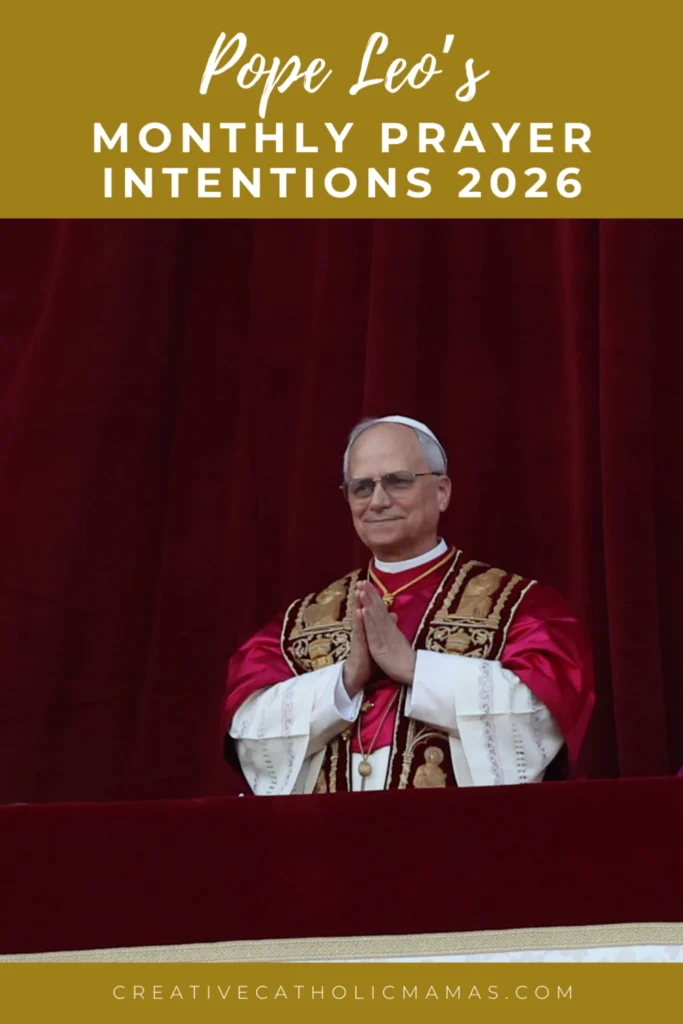 Pope Leo praying from the Vatican balcony with text about monthly prayer intentions for 2026