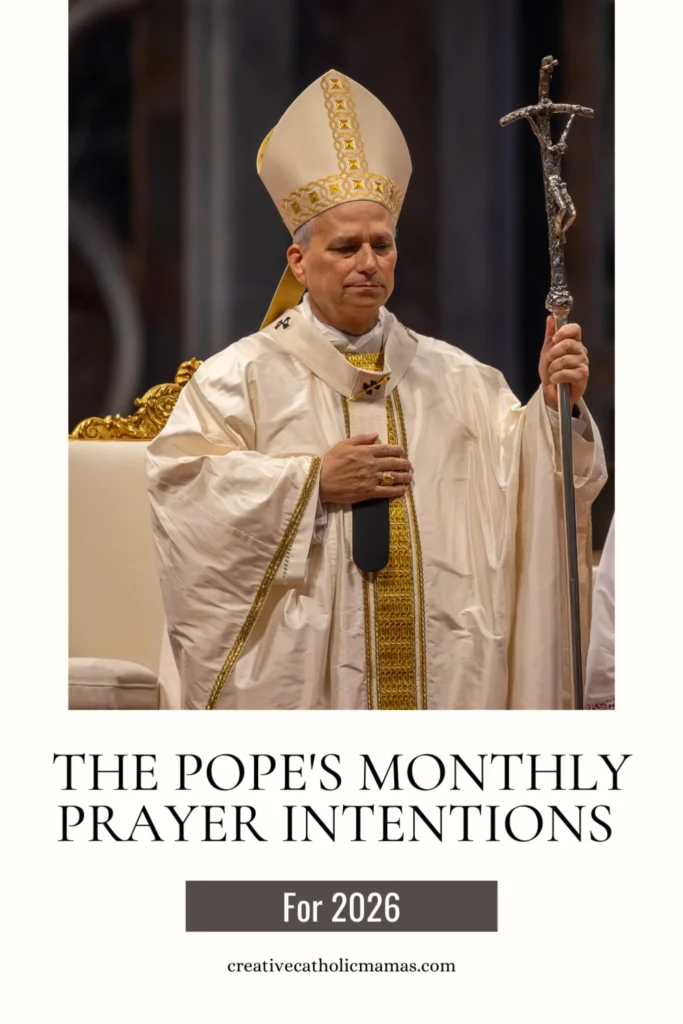 Pope standing during a liturgical celebration with text reading the Pope’s monthly prayer intentions for 2026