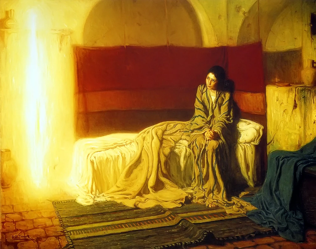 The Annunciation by Henry Ossawa Tanner, showing Mary seated in a dim room illuminated by a radiant divine light.