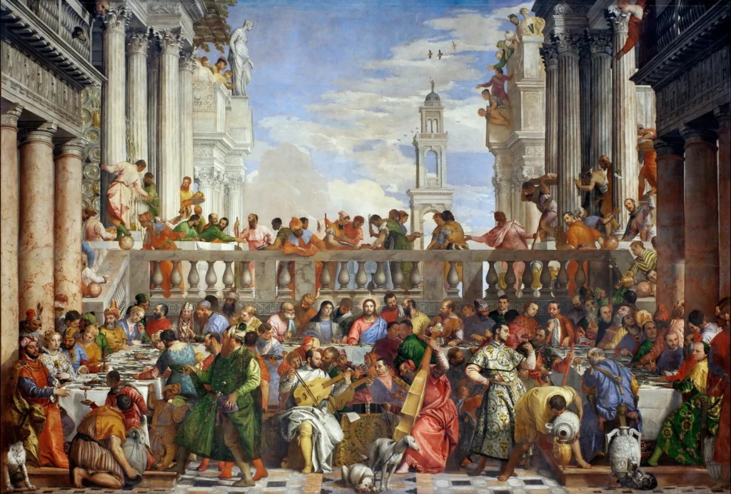 The Wedding Feast at Cana with Jesus seated at the center of a large banquet scene