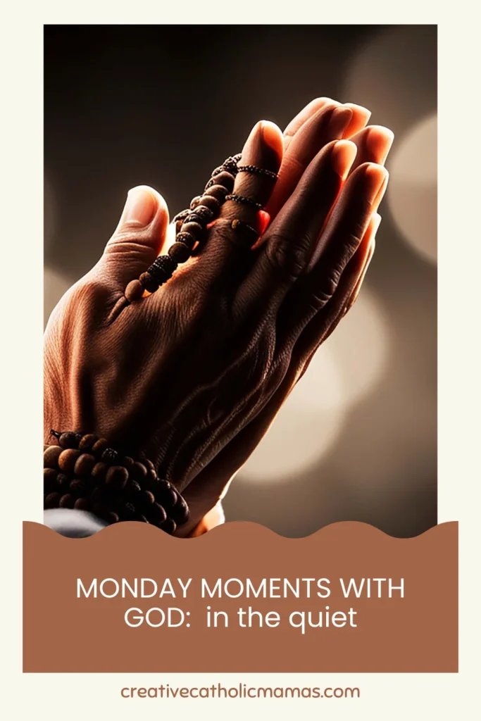 Hands clasped in prayer holding rosary beads in warm light during a quiet moment with God