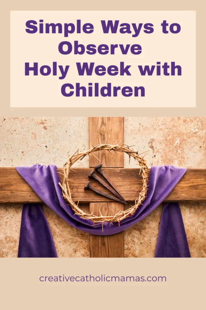 Cross with crown of thorns and nails draped in purple cloth symbolizing Holy Week