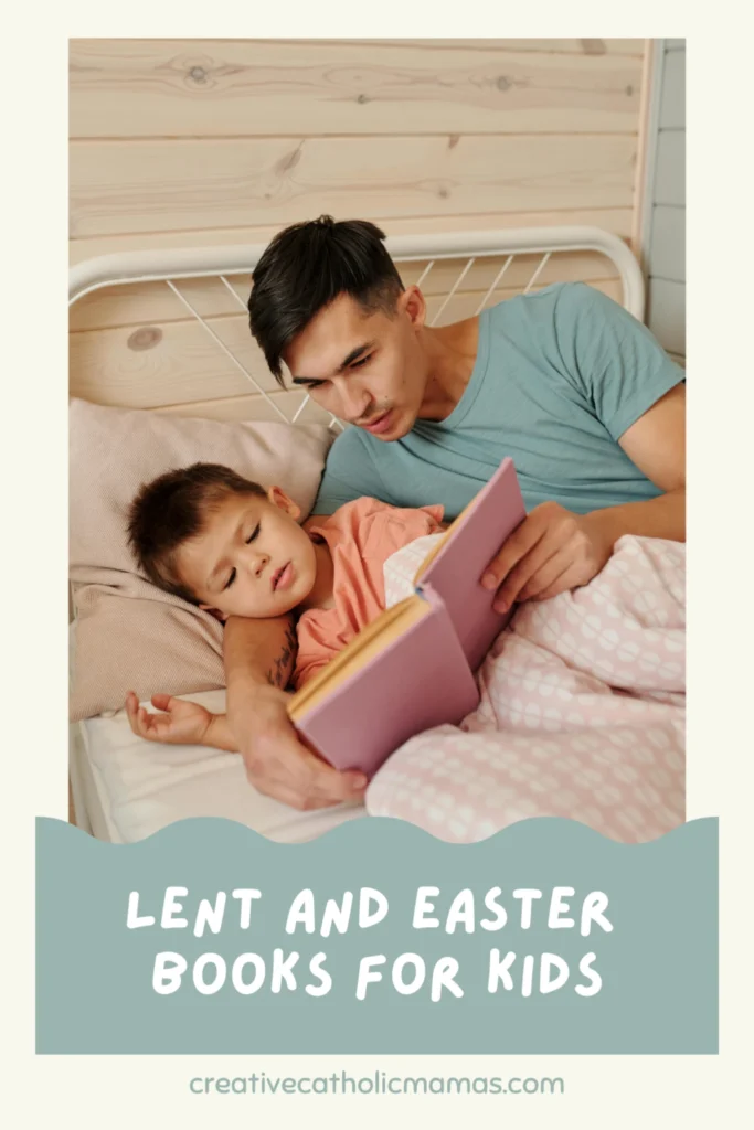 Father reading a bedtime story to his child in bed, peaceful family moment with Lent and Easter books for kids